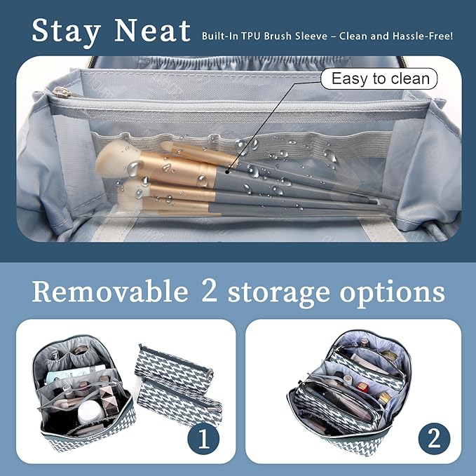 BOYATU Travel Makeup Bags for Women: Large Capacity Cosmetic Bag Set of 3 - Vegan Leather Make up Bags with Compartments - Wide Open Waterproof Toiletry Organizer Bag with Handle (B-01-Royal blue)