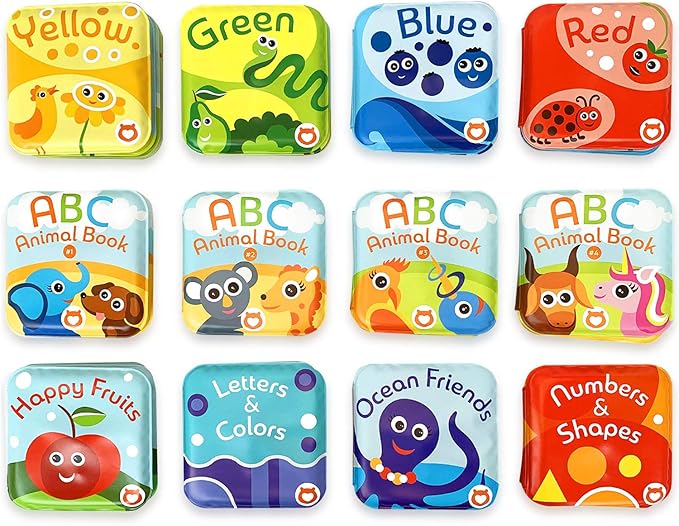 Super Bath Book Set of 12 (Fruits, Ocean Friends, ABC, Numbers Books; Color Recognition Bath Books Including Yellow, Green, Red and Blue Color Topics, ABC Animal Bath Books.