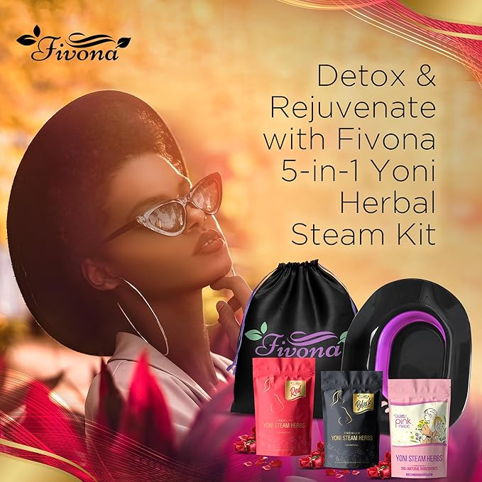 Fivona 5-in-1 Yoni Steaming Kit Foldable Over The Toilet Steamer Seat with Black Red Pink Premium Yoni Herbs and Storage Bag - Effective Detox pH Balance Cleansing and Relaxation - at Home V-SPA