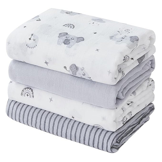 softan Swaddle Blankets for Baby Girls & Boys Gift, Large 47X47 inches Receiving Blankets for Newborn,4 Pack Gray Elephant