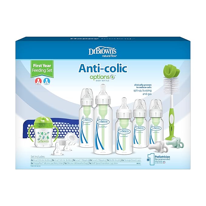 Dr. Brown's Natural Flow Anti-Colic Options+ First Year Feeding Set with Newborn Baby Bottles, Soft Spout Transition Cup, Bottle Cleaning Brush & 100% Silicone HappyPaci Pacifier, 0m+