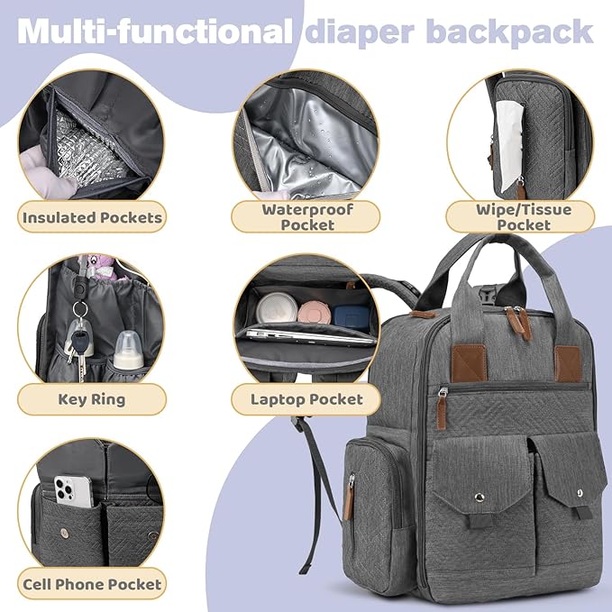 Diaper Bag Backpack - Large Diaper Bag with Portable Changing Pad as Baby Shower Gifts, Lightweight Waterproof Unisex Travel Baby Bag with 4 Insulated Pockets and Stroller Buckles, Dark Grey