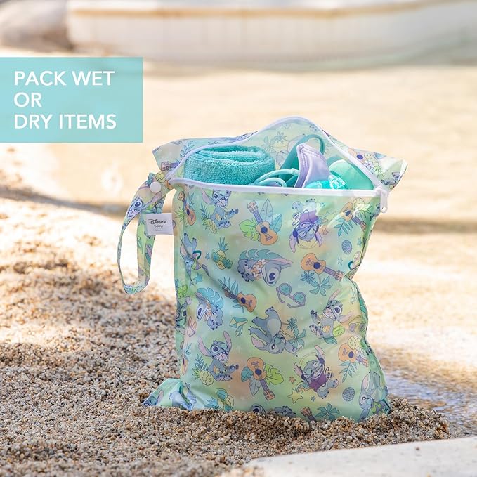 Bumkins - Waterproof Wet Bag & Clear Travel Bags - For Beach, Baby, Travel, Swim Suit, Cloth Diapers, Pump Parts, Pool, Gym, Toiletries - Reusable & Easy to Clean - Disney Stitch - 4 Pack