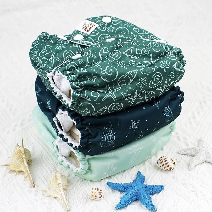 Mama Koala 3.0 Cloth Diapers for Babies with AWJ Lining, 6 Pack with 6 5-Layer Natural Cloth Diaper Inserts - Reusable and Washable Pocket Diapers(A-Seashore)