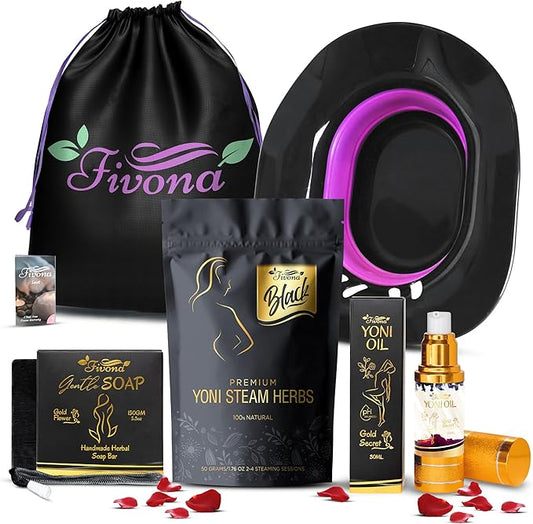 Fivona Yoni Care Kit 5 in 1 Feminine Steaming Set Includes Natural Oil Blend, Sitz Bath Seat, V Steaming Herbs, Herbal Soap and Storage Bag - Effective Detox pH Balance Cleansing and Moisturizing