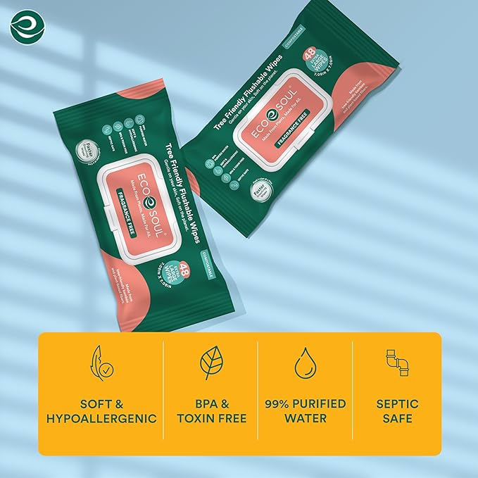 ECO SOUL Bamboo Flushable Extra-Large Adult Wipes-Unscented 192 Count |4 Pack of 48| Eco-Friendly Bamboo Wipes | 99% Purified Water, Hypoallergenic,Soft Wipes, BPA & Paraben free
