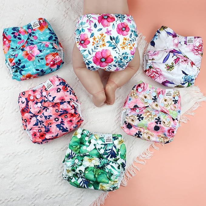 Mama Koala 3.0 Pocket Cloth Diapers for Babies with AWJ Lining, 6 Pack with 6 5-Layer Natural Cloth Diaper Inserts - Reusable and Washable Pocket Diapers(A-Bloomin' Lovely)