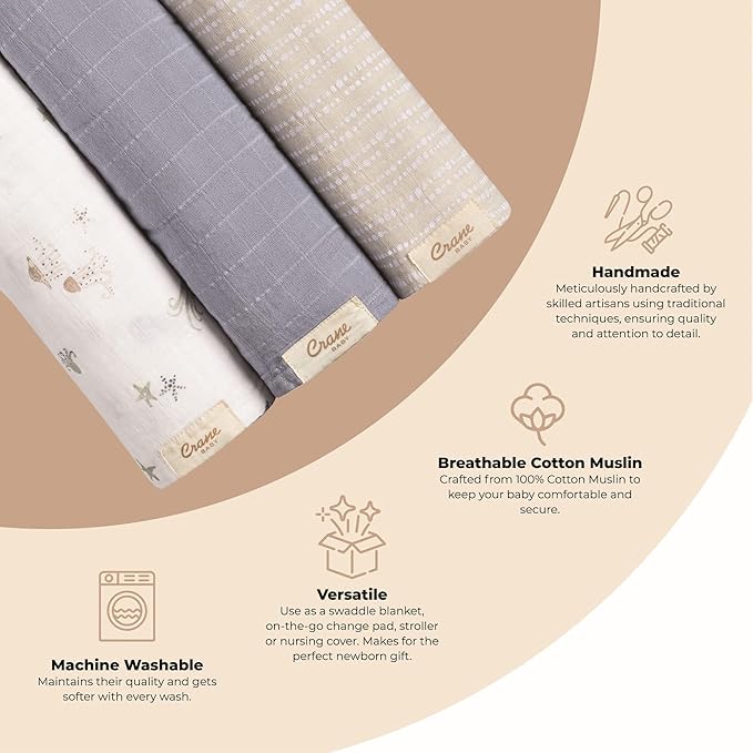 Crane Baby Blanket, 100% Cotton Muslin, Set of 3, 47 X 47, Nautical Ocean Muslin Blanket Sea Life Bohemian