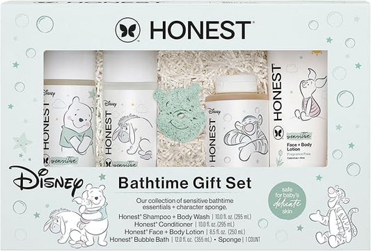 The Honest Company Fragrance-Free Bathtime Gift Set, Disney Design, Hypoallergenic, Bath Essentials for Sensitive Skin, Shampoo and Body Wash, Face Lotion, Bubble Bath, Conditioner, Sponge