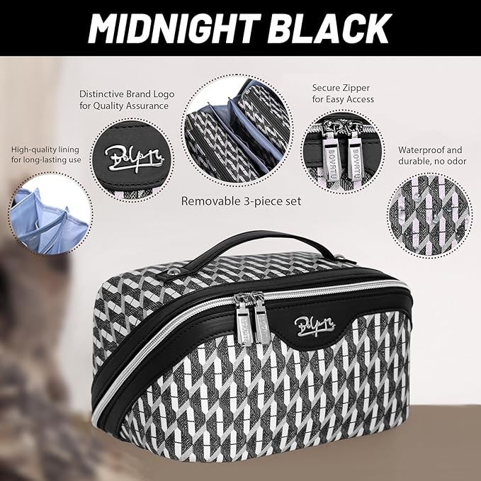 BOYATU Travel Makeup Bags for Women: Large Capacity Cosmetic Bag Set of 3 - Vegan Leather Make up Bags with Compartments - Wide Open Waterproof Toiletry Organizer Bag with Handle (B-04-Black)