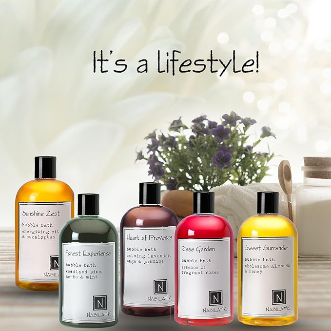 Assorted Bubble Bath Collection (Set of 5) by Nabila K - Forest Experience, Sunshine Zest, Rose Garden, Sweet Surrender, Heart of Provence - Essential Oils with Natural Ingredients - 8 oz