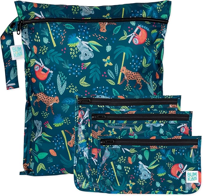 Bumkins - Waterproof Wet Bag & Clear Travel Bags - For Beach, Baby, Travel, Swim Suit, Cloth Diapers, Pump Parts, Pool, Gym, Toiletries - Reusable & Easy to Clean - Jungle - 4 Pack