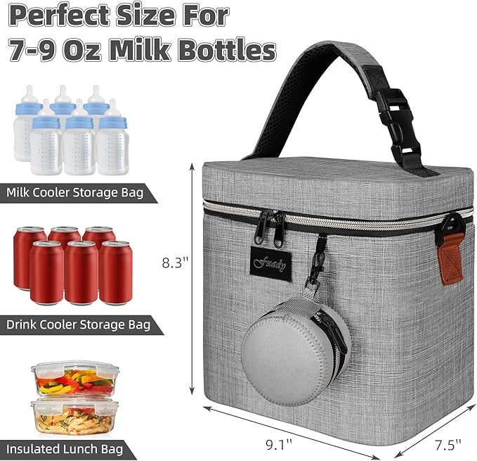 Breastmilk Cooler Bag with Ice Pack, Insulated Baby Bottle Tote Bag for 6 Bottles Up to 9 oz, Clip-On Pouch for Baby Essentials, Leakproof, Waterproof, Shoulder Strap for Nursing Moms
