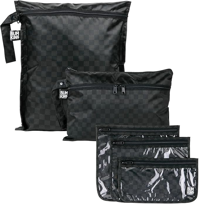 Bumkins - Waterproof Wet Bag, Wet/Dry Clutch & Clear Travel Bags - For Beach, Baby, Travel, Cloth Diapers, Pump Parts, Pool, Gym, Toiletries - Reusable & Easy to Clean - Black Check - 5 Pack