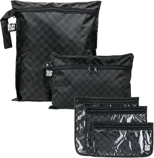 Bumkins - Waterproof Wet Bag, Wet/Dry Clutch & Clear Travel Bags - For Beach, Baby, Travel, Cloth Diapers, Pump Parts, Pool, Gym, Toiletries - Reusable & Easy to Clean - Black Check - 5 Pack