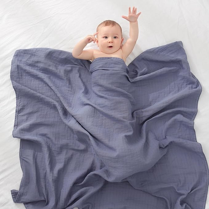 Muslin Swaddle Blankets, Baby Swaddle Blanket, Large 47 x 47 inches Muslin Baby Blanket wrap for Baby Boys and Girls, 4 Pack, Solid Color, Grey Blue White Green