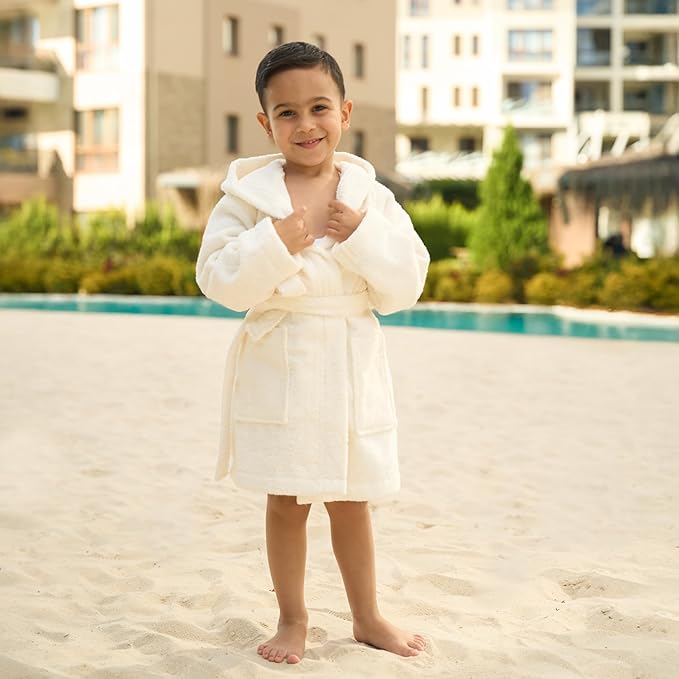 BAGNO MILANO Kids Organic Turkish Cotton Hooded Beach Cover-Up Towel, GOTS Certified, for Boys and Girls (Cream, 7-8 Years)