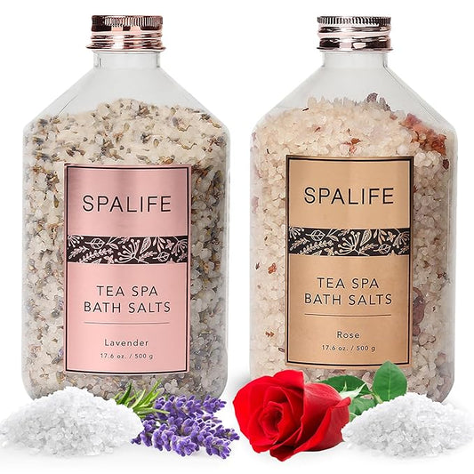 SpaLife Tea Spa Petal-Infused Effervescent Mineral Bath Salts - Lavender & Rose, 2-Pack 17.6 oz. ea for Relaxing Aromatherapy and Soothing Soaks