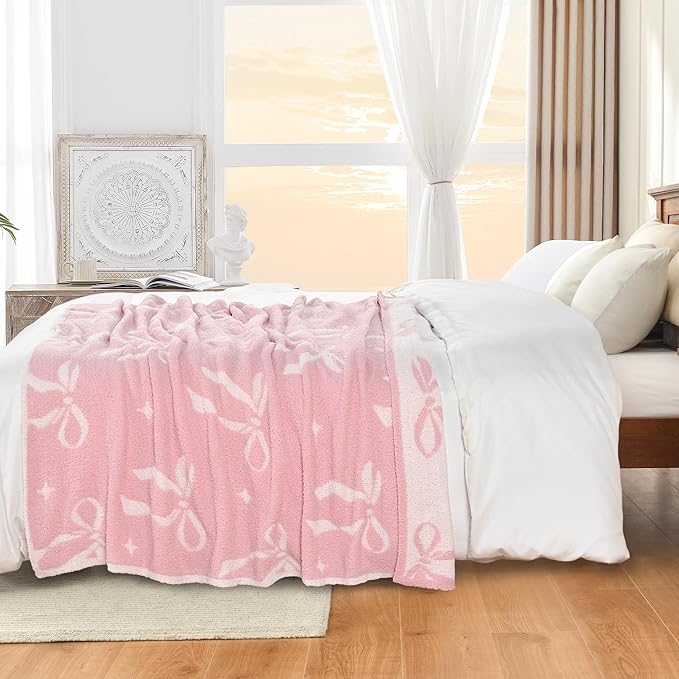JOOJA Pink Bow Throw, Soft Coquette Aesthetic Blanket with Bows, Preppy Room Decor, 50" x 60"