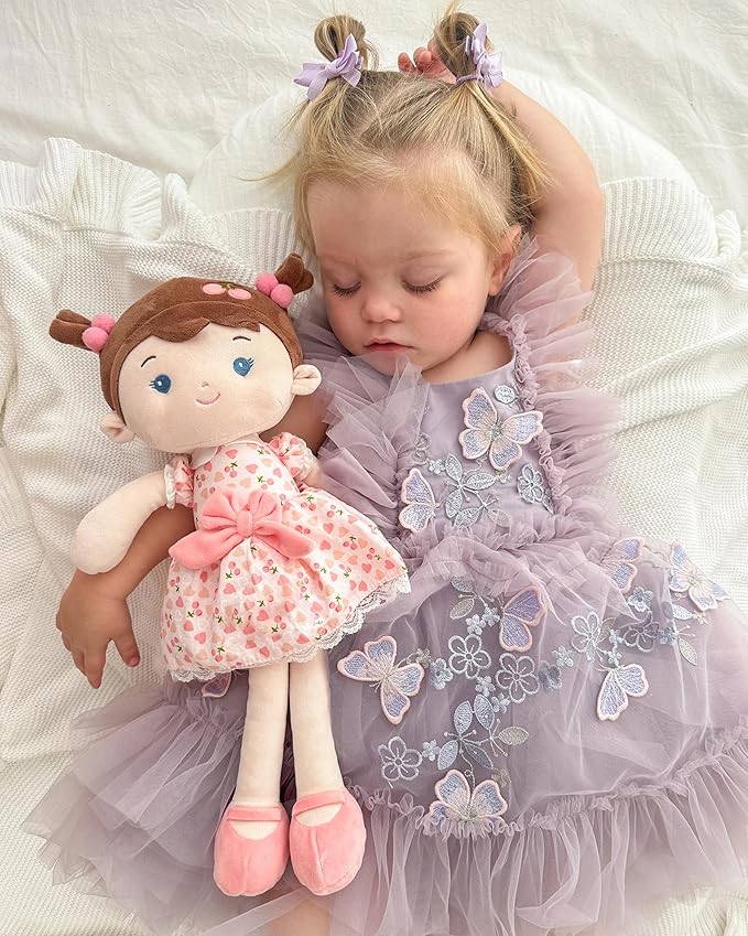 LeyaDoll Soft Baby Doll Toys (16''), My First Baby Rag Doll for 1 Year-Old Girl Birthday Gift,Christmas Plush Toys Gift for Toddler Kids Infants-Cherry