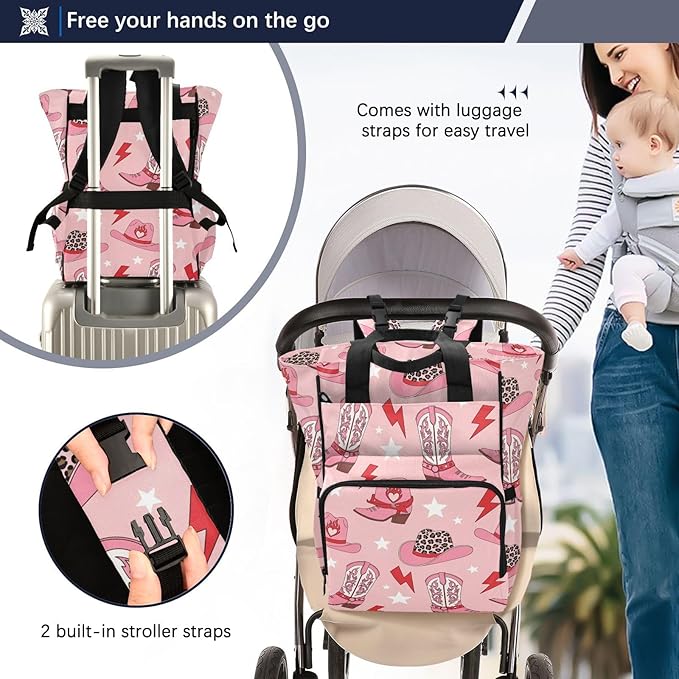 Emelivor Western Cowgirl Pink Diaper Bag Backpack Large Capacity Travel Baby Bags Backpack Diaper Bags for Boy Girl Unisex Baby Women Travel