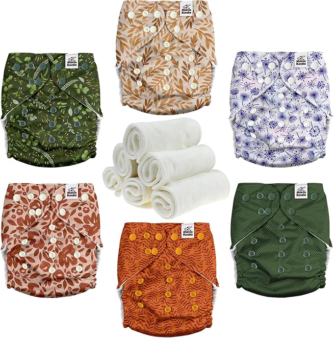 Mama Koala 3.0 Cloth Diapers for Babies with Suede Cloth Lining, 6 Pack with 6 Natural Diaper Inserts - Reusable Pocket Diapers (Neutral Leaves)