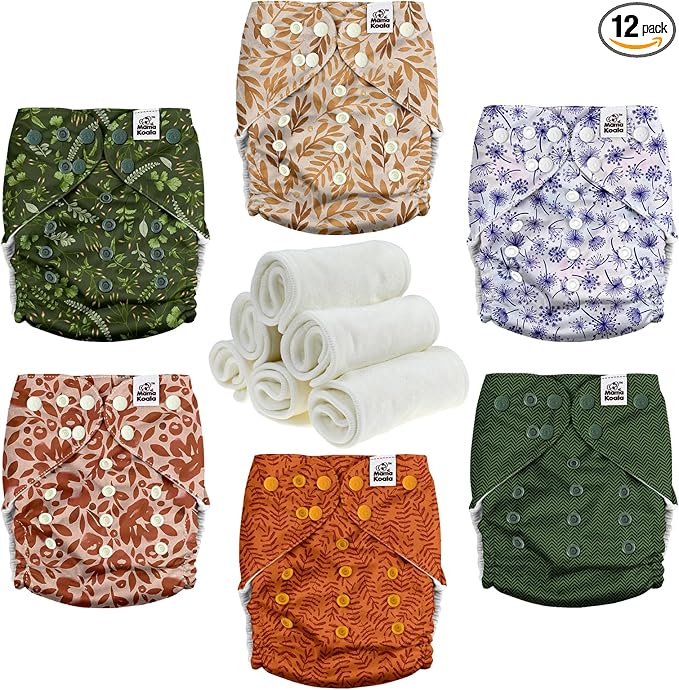 Mama Koala 3.0 Cloth Diapers for Babies with Suede Cloth Lining, 6 Pack with 6 Natural Diaper Inserts - Reusable Pocket Diapers (Neutral Leaves)
