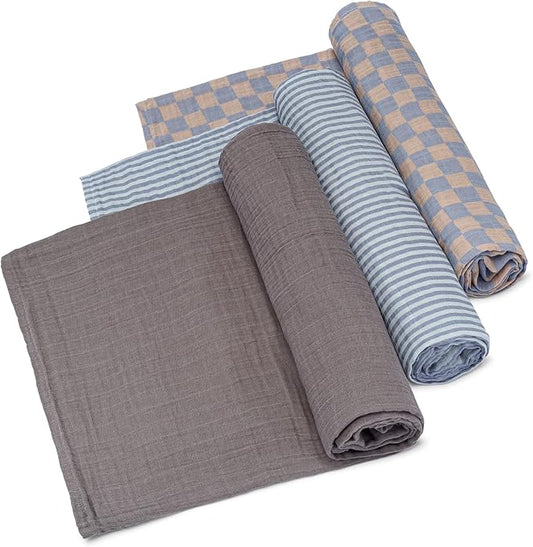 Parker Baby Co. Swaddle Blankets - Pack of 3 of 100% Cotton Muslin Swaddle Blankets for Baby Boys and Girls - Unisex/Gender Neutral - Stormy Set