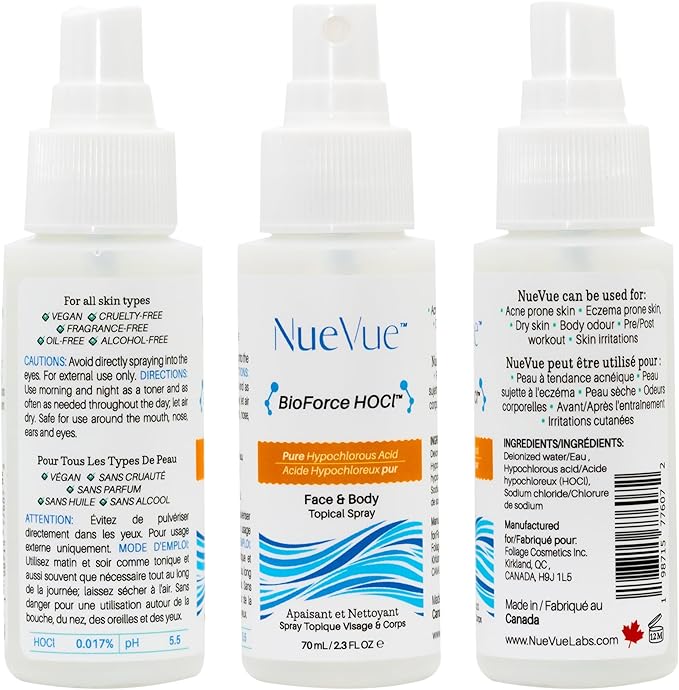 BioForce HOCl - Pure Hypochlorous Acid Spray for Face Travel Size Toner & Cleanser - Made in Canada - Acne-Prone Skin & Eczema, Piercing aftercare, pH Balanced, Non-comedogenic - NueVue (2.3 oz)
