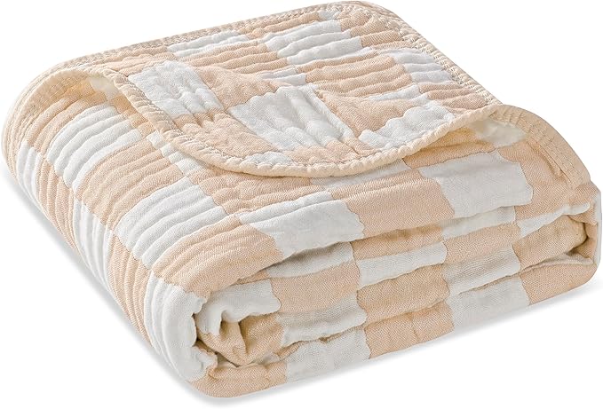 Ultra-Soft Checkered Muslin Baby Blanket - Swaddle & Crib, 43x43 (Cream)
