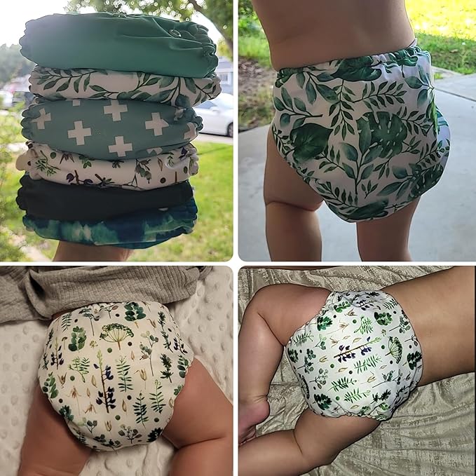 Mama Koala 3.0 Pocket Cloth Diapers for Babies with AWJ Lining, 6 Pack with 6 4-Layer Natural Cloth Diaper Inserts - Reusable and Washable Pocket Diapers (Love Green)