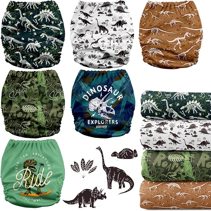 Mama Koala 3.0 Pocket Cloth Diapers for Babies with AWJ Lining, 6 Pack with 6 5-Layer Natural Cloth Diaper Inserts - Reusable and Washable Pocket Diapers(A-It's Dinosaurs)