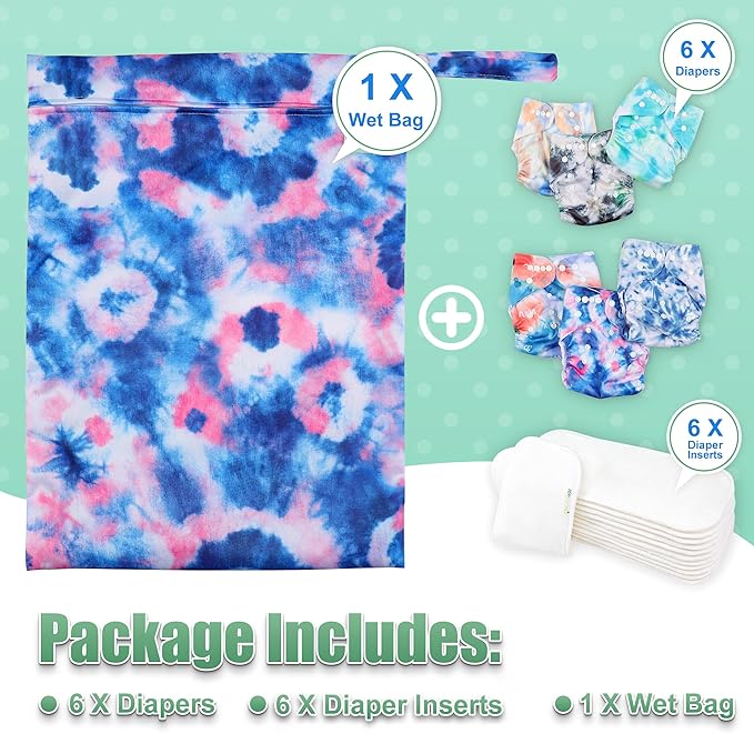 wegreeco Cloth Diapers 6 Pack with 6 Inserts & 1 Wet Bag, Washable Cloth Diapers for Babies, One Size Adjustable Reusable (Tie-dye, Ink)