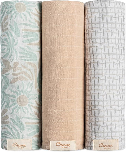 Crane Baby 100% Cotton Muslin Swaddle Blankets, Beach Life Starfish, Set of 3, 47" x 47", Swaddles for Newborns, Baby & Girls