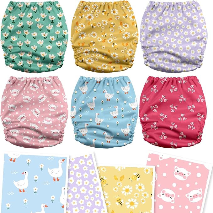 Mama Koala 3.0 Cloth Diapers for Babies with AWJ Lining, 6 Pack with 6 5-Layer Natural Cloth Diaper Inserts - Reusable and Washable Pocket Diapers(A-Flower Romance)