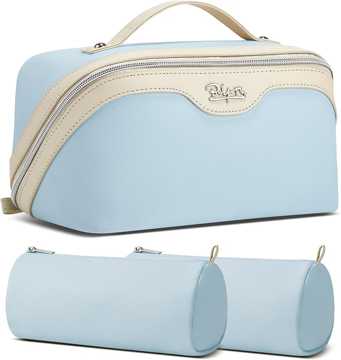 BOYATU Travel Makeup Bag Organizer Cosmetic Bag: 3 Pcs Set Make up Bags for Women with Handle - Waterproof Vegan Leather Toiletry Bags Travel Essentials Pouch with Compartments (D-05-Blue)