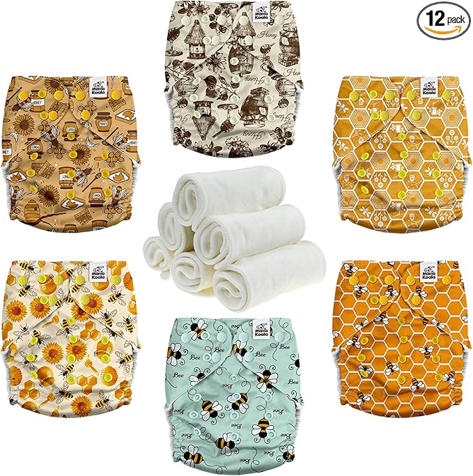 Mama Koala 3.0 Pocket Cloth Diapers for Babies, 6 Pack with 6 4-Layer Natural Cloth Diaper Inserts - Reusable and Washable Pocket Diapers (S-Hardworking Bees)