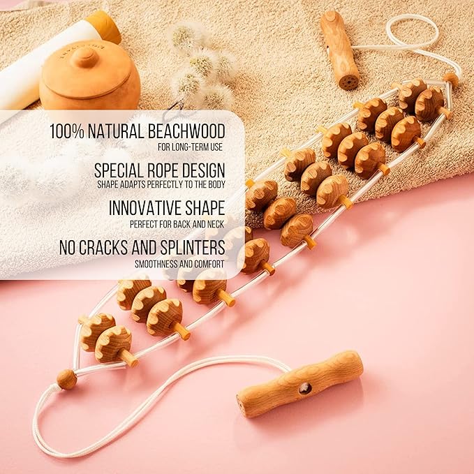 Mr.Woodware Wood Therapy Massage Tools - 2 Pcs Wooden Lymphatic Drainage Curved Roller Stick & Back Massager with Rope Massage Kit - Wood Massage Tools for Body Shaping, Sculpting, Maderoterapia