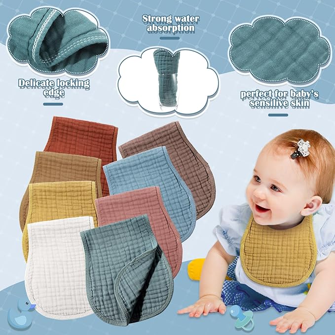 Frienda 8 Pieces Muslin Burp Cloths for Baby Cotton Burp Cloth 10 x 20 Inches Multi Colors Muslin Washcloths Diapers 4 Absorbent Layers Newborn Face Towels for Baby Boy Girl Unisex (Retro Color)
