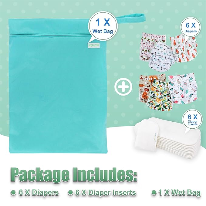 wegreeco Cloth Diapers 6 Pack with 6 Inserts & 1 Wet Bag, Washable Cloth Diapers for Babies, One Size Adjustable Reusable (Fruits, Animals)