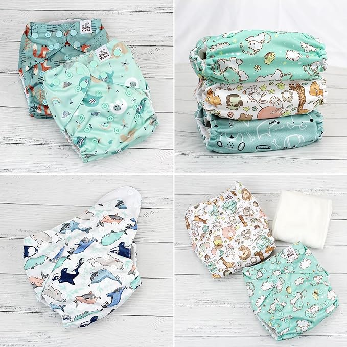 Mama Koala 3.0 Pocket Cloth Diapers for Babies with AWJ Lining, 6 Pack with 6 4-Layer Natural Cloth Diaper Inserts - Reusable and Washable Pocket Diapers (Adorable Animal)
