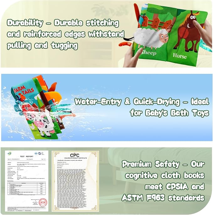 Baby Books Toys 0-12 Months with Teether,Tummy Time Crinkle Sensory Toys,High Contrast Touch & Feel Soft Book, Early Learning Infant Toys,Shower Gift for Boys Girls (Farm Animals)