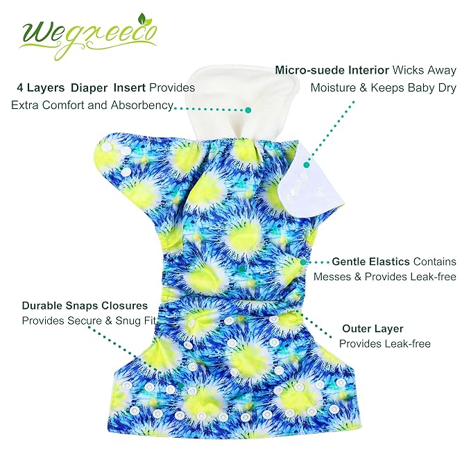 wegreeco Cloth Diapers 6 Pack with 6 Inserts & 1 Wet Bag, Washable Cloth Diapers for Babies, One Size Adjustable Reusable (Tie-dye)