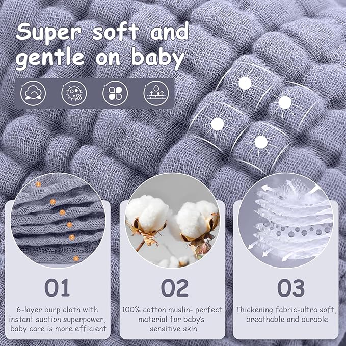 Looxii Muslin Burp Cloths 100% Cotton Muslin Cloths Large 20''x10'' Extra Soft and Absorbent 6 Pack Baby Burping Cloth for Boys and Girls White+Gray