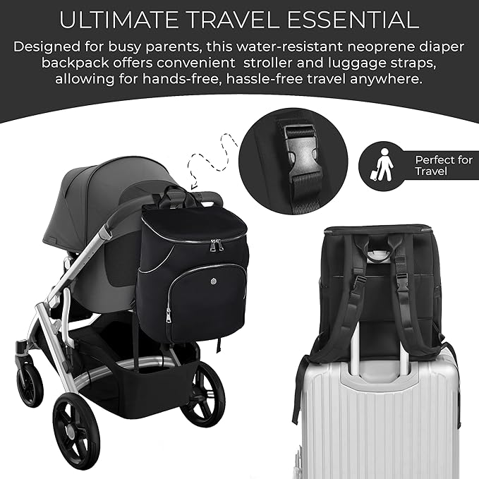 Diaper Bag Backpack 2 Pack - Waterproof - 11 Pockets & Insulated Bottle Pocket - Extra Mini-Pouch Included - Diaper Bag Neoprene Exterior - Black