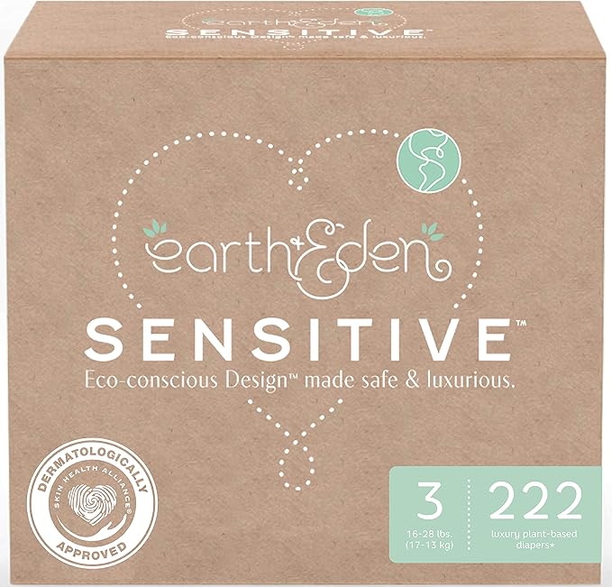 Earth & Eden Sensitive | Eco-Conscious & Hypoallergenic Diapers | Size 3 | 222 Count