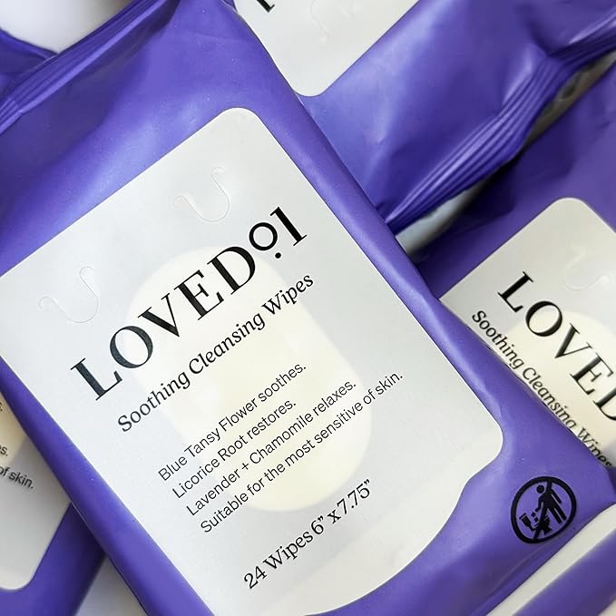 Loved01 Soothing Cleansing Wipes, Cleansing Makeup Remover Wipes for Sensitive Skin with Serum-Like Finish, Lavender Scent, 3-Pack (24 Wipes each)