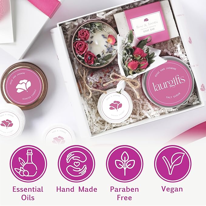 Rose & Jasmine Spa Gift Box for Women – Self Care Gift Basket with Candle, Soap, Bath Salts, Scrub & Shower Steamers – Birthday, Thank You & Relaxing Gifts for Mom, Wife, Sister, Friend