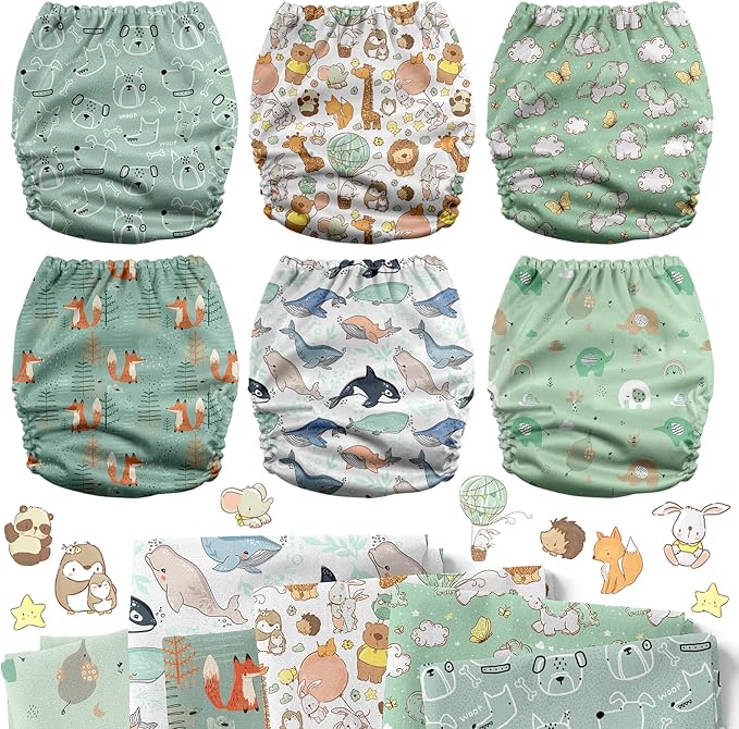Mama Koala 3.0 Pocket Cloth Diapers for Babies with AWJ Lining, 6 Pack with 6 4-Layer Natural Cloth Diaper Inserts - Reusable and Washable Pocket Diapers (Adorable Animal)