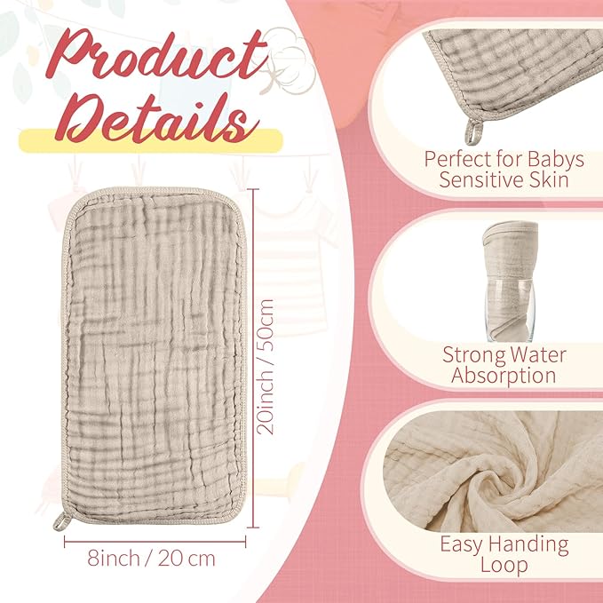 VitalCozy 6 Pcs Baby Muslin Hooded Bath Towels and Washcloths Muslin Cotton Hooded Baby Towels Absorbent Blankets for Gift Newborn Infant Shower (32 x 32 Inch,Dark Pink,Light Brown)